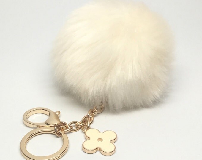 Faux White Fur Pom Pom bag Keyring keychain pom pom puff ball