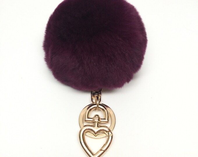 SUMMER SALE Heart Fur Pompom Keychain Rabbit Fur Ball Bag Charm aubergine Purple