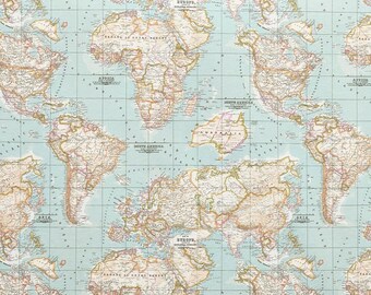 Map fabric, World Map, Half meter, Half yard, Upholstery fabric, Home decor, Printed cotton, Craft cotton