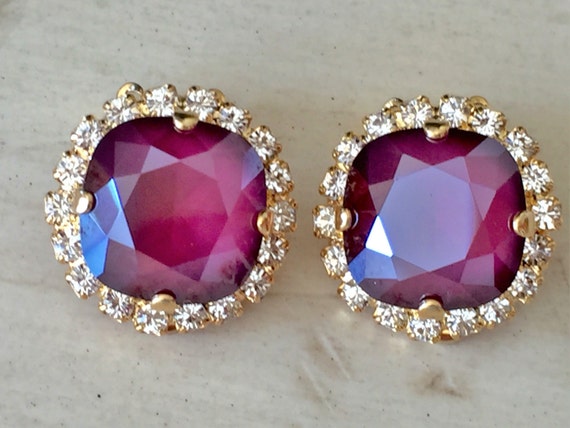 Dark Red Lacquer & Clear Cushion Cut Crystal Clip On Earrings, Yellow Gold