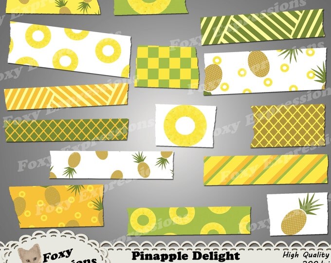 Pineapple delight washi tape comes with pineapples, slices, checkers, & stripes all in this fruits natural shades of orange, green, brown