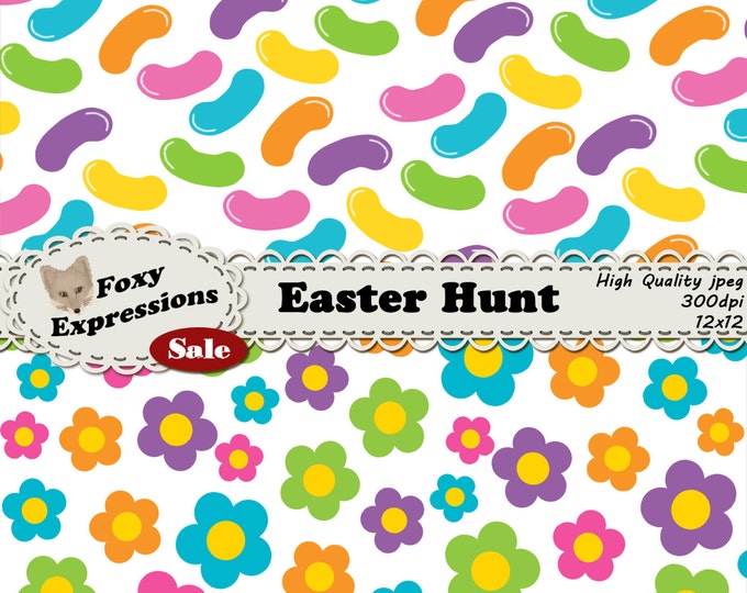 Easter Hunt Digital Paper Pack comes in bright spring colors. Designs include easter eggs, jelly beans, crosses, peeps candy, flowers & more