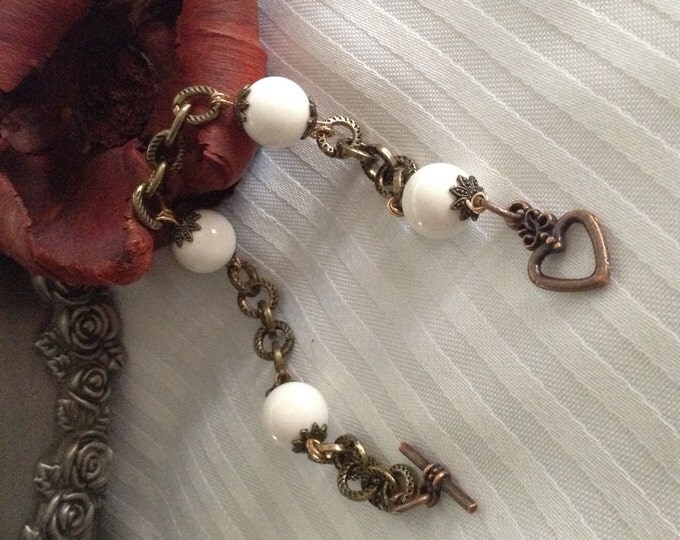 Antique Brass White Shell Bracelet...heart toggle bracelet