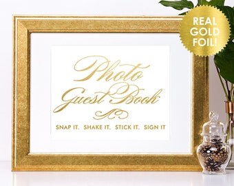 Photo Guest Book Sign in Gold Foil - Gold Foil Photo Guestbook Sign - Wedding Guest Book Sign - Gold Foil Wedding Sign - Lily Theme