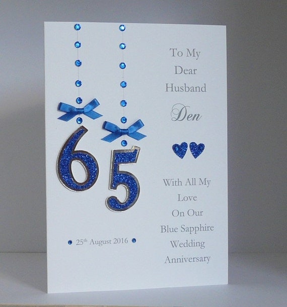 Personalised 65th Blue Sapphire Wedding Anniversary Card With