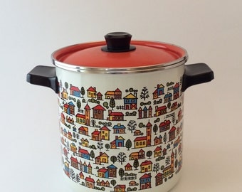 Enamelware Stock Pot and Vegetable Steamer Basket, Vintage San Ignacio Enamel Cookware, Burnt Orange Lid, Danish Modern Houses