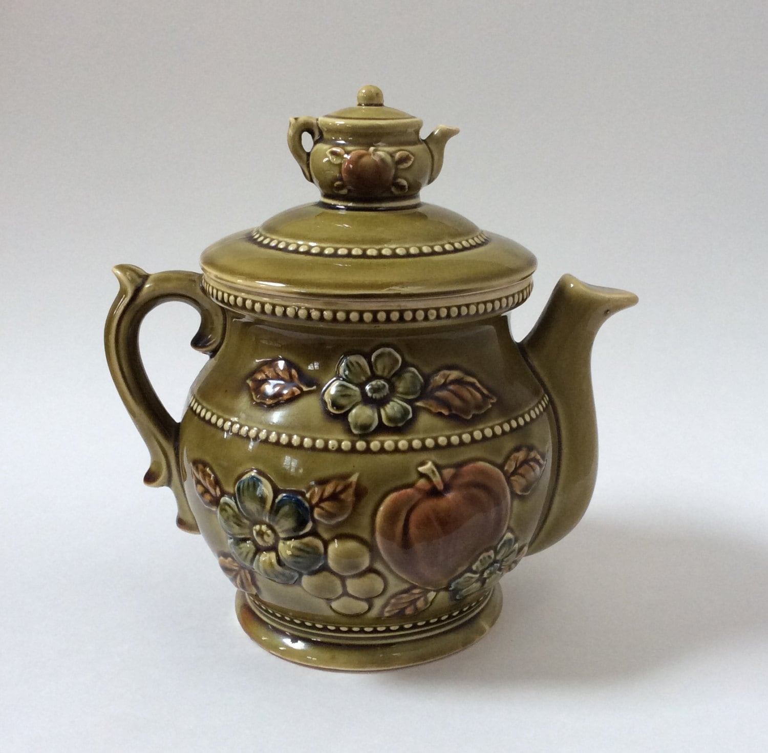 Vintage Teapot Cookie Jar Green Ceramic Double Tea Pot Cookie