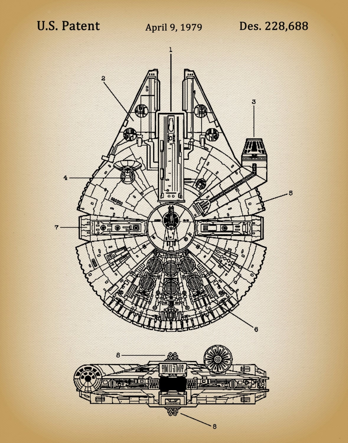 1979 Patent Star Wars Millennium Falcon Art Print - Wall Poster - Han