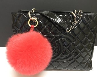 large pom fur pom keychain Leather fur pom ring keychain Fox Cute for Genuine pom car key