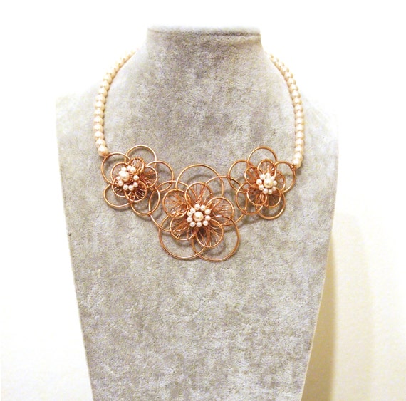 rose gold wire flower bib necklace with faux pearl