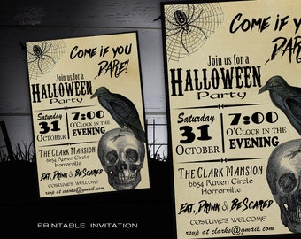 Halloween Invitation Printable - Adult Costume Party Halloween Invitations - DIY Printable Vintage Halloween Party Invites w/ Skull & Crow
