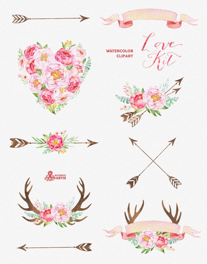 Download Love Kit. Watercolor flowers Clipart peonies arrows