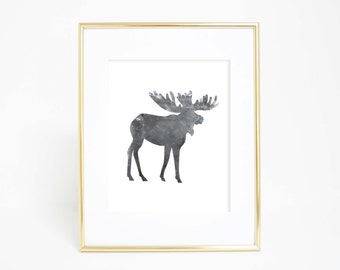 Printable Wall Art, Moose Print, Forest Art Print, Black and White, Wall Print, Digital Prints, Downloadable Print, Woodland Nursery Art