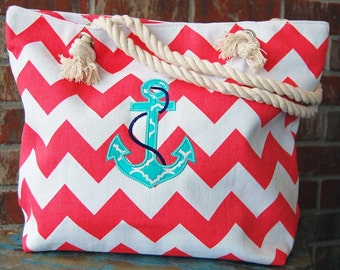 Items similar to Nautical anchor tote, navy blue and white, zipper ...