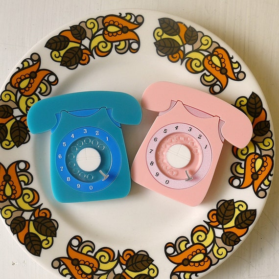 Vintage 60s Style Rotary Telephone Brooch - laser cut acrylic - Kitsch Novelty Brooch Statement Phone Brooch