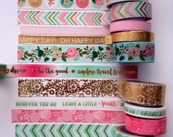 Washi Tape 18"-24" Sample/ gold foil washi tape / words washi tape/pink and mint washi tape/tea party washi tape/Michael's recollections