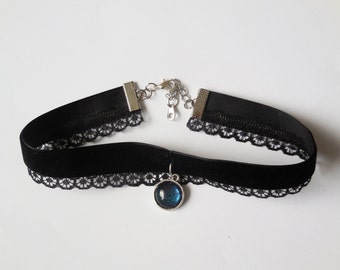 Black lace velvet choker crystal pendant handmade