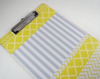Yellow and Gray Clipboard, Cute Desk Accessories, Coordinated Office Supplies, Storage and Organization, Pretty Clipboard, Decoupage