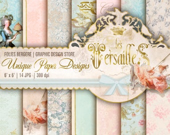 Royal Digital Paper Pack Marie Antoinette Shabby Paper Roses Printable Backgrounds Versailes French Rococo Papers Damask Chandelier Deer Had