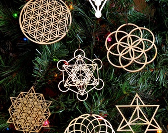 Sacred Geometry Holiday Ornaments - Set of Seven - Laser Cut Wood