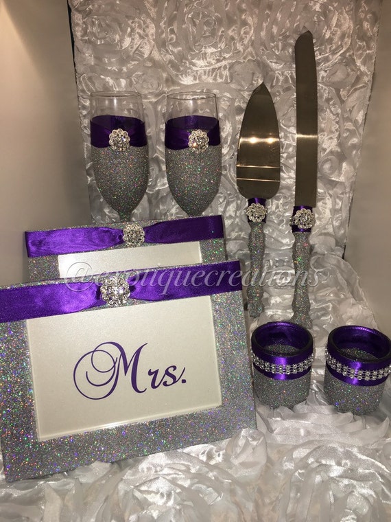 Silver with BLING and Purple 8pc Wedding  Set  by 