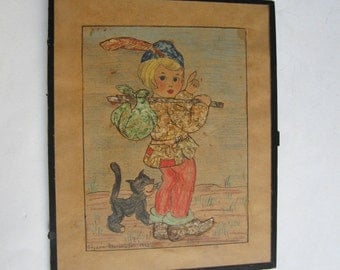 vintage 40's original mixed media painting, collage signed made in Greece, girl and cat