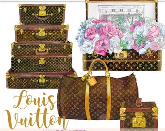 Louis Vuitton clipart planner clipart LV luggage clipart vintage suitcase printable travel watercolor flowers commercial use graphics