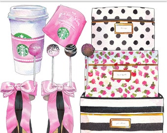 Kate Spade fashion girl clipart fashion illustration planner clip art graphics Starbucks cup printable dividers planner pink cakepops