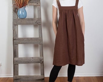 Linen Overalls Linen Apron Dress Washed Linen Summer Pinafore Brown Artist Smock Japanese Apron Flax Tunic Made to Order Plus Size