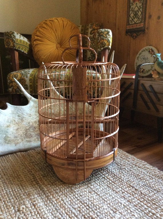 Vintage Chinese Bamboo Large Bird Cage // Hand Crafted Wood