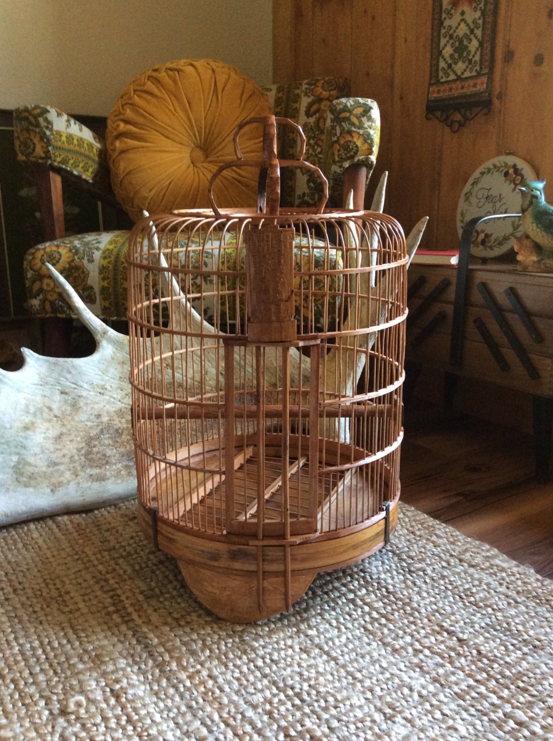 Vintage Chinese Bamboo Large Bird Cage // Hand Crafted Wood