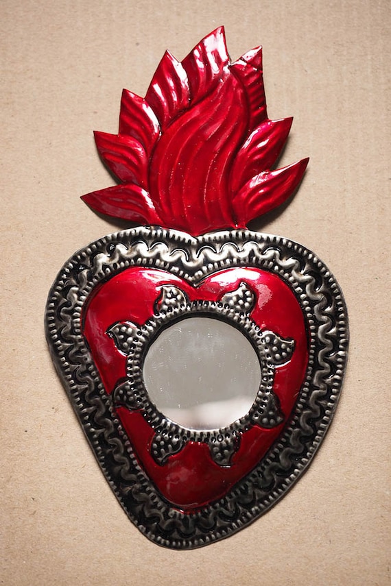 Mexican folk art mirror Tin Heart Miracle Milagro
