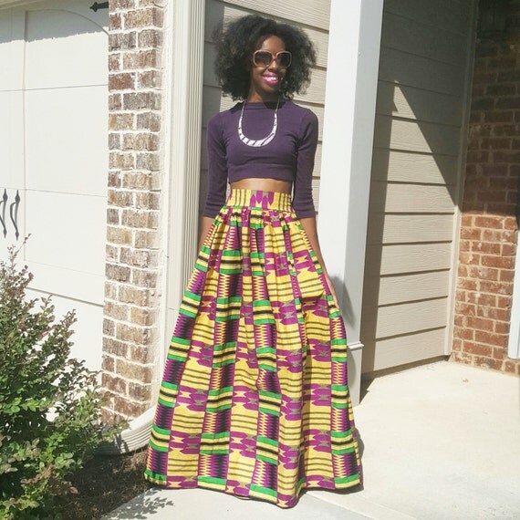 Purple with Green/Yellow Kente Ankara African Print Maxi Skirt