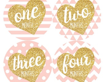 Gold Glitter Monthly Baby Sticker, Baby Stickers, Gold Glitter & Pink, Milestone Sticker, Baby Girl Sticker, Baby Shower Gift, Petite Folio