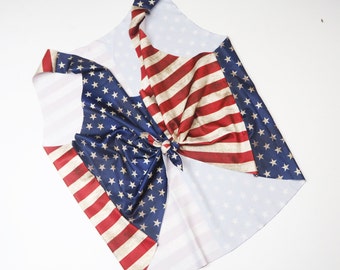 USA Crop Top • Stars & Stripes Dirtied Distressed Knot Front Summer Bikini Top Festival Biker Bohemian Motorcycle T-Shirt Rockabilly Bikie