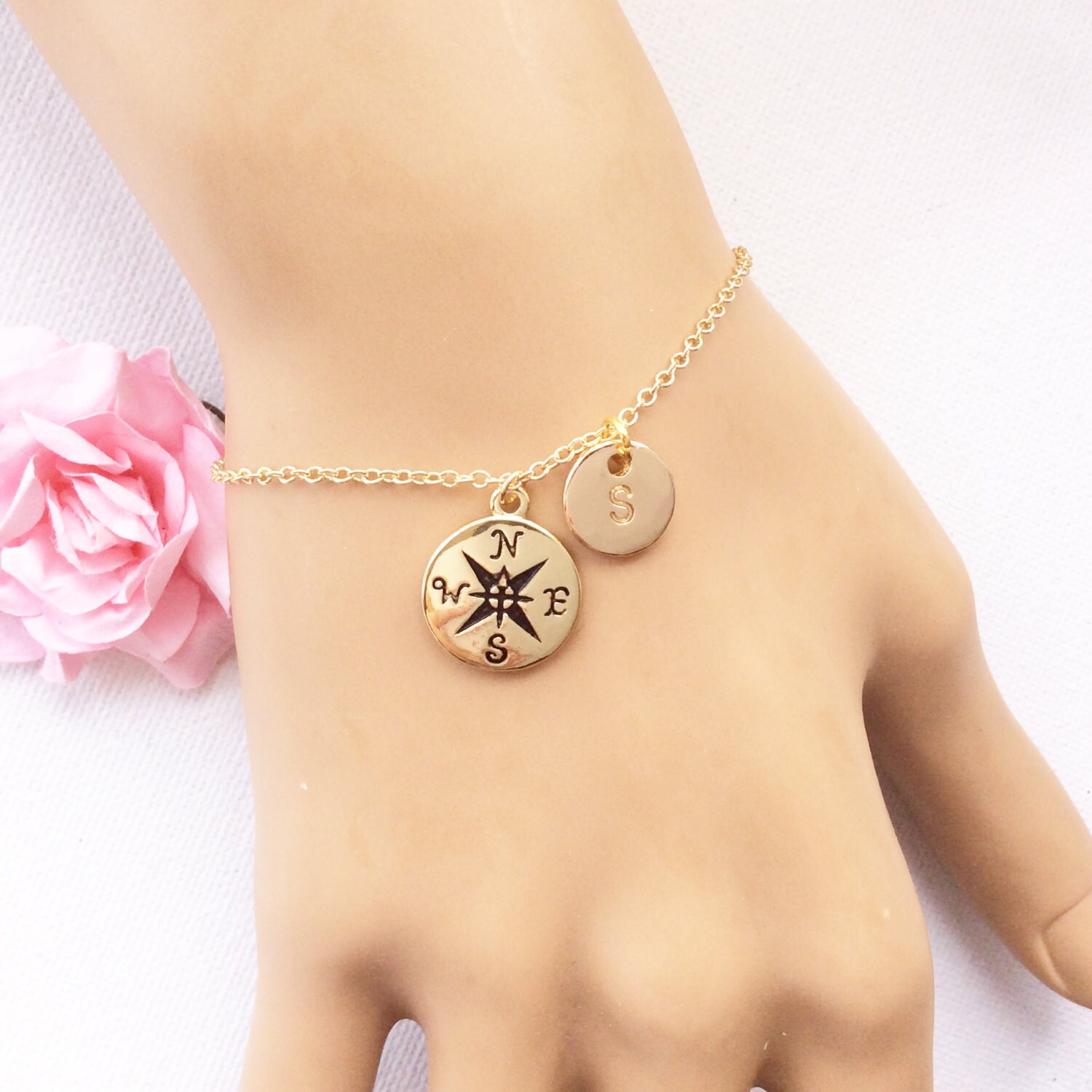 Gold Compass bracelet Personalized Compass Initial bracelet