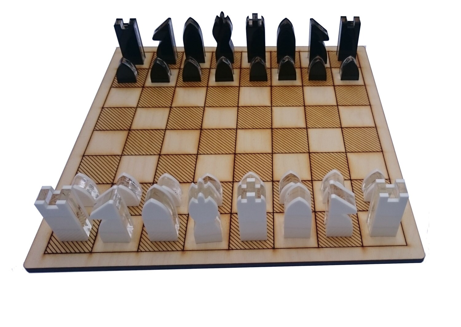 laser cut acrylic chess pieces and wooden board by CutItOutLasers
