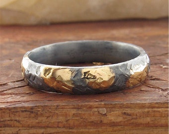 Rustic gold and black silver womens wedding band 4mm wide hammered surface.