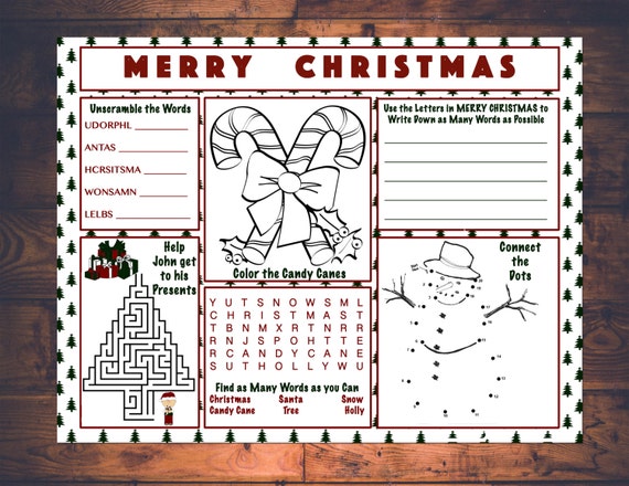 Kids Christmas Activity Printable Placemat Instant Download