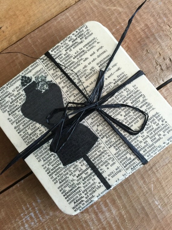 Crafters Gift Idea - Sewing Inspired Dictionary Print Coasters - Decoupaged Coasters - Sewing Room Decor - Cream and Black Home decor