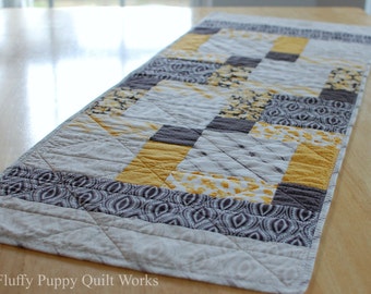 Modern Quilted Table Runner, Yellow Black Gray Table Decor, Modern Yellow Table Mat, Black and White Table Runner, Mustard Yellow Runner