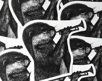 Otter with Trumpet Vinyl Die cut Sticker *re-stocked* - Black and White High Quality Laptop Sticker