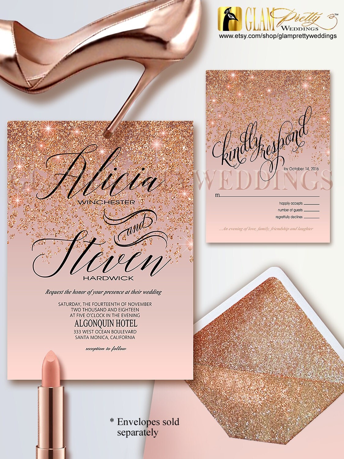 Rose Gold Glitter Wedding Invitation & RSVP by ...