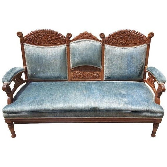 Antique Victorian Blue Velvet Loveseat by PaintFabricCrafts