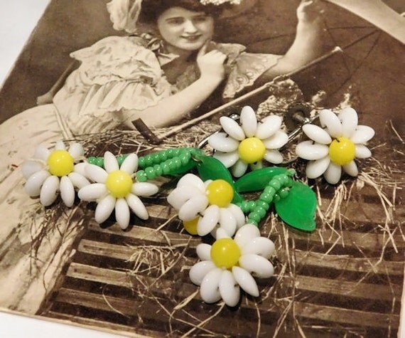 Daisy West Germany Glass Earrings Mid Century 1950s 50s Screw Back Earrings Daisy Flower Girl Drop Dangle Milk Glass Wedding Bride Bridal