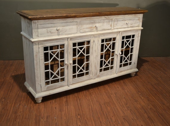 Rustic Solid Wood Distressed White TV Console / China Cabinet
