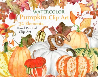 Watercolor pumpkin clipart: "AUTUMN CLIPART" Fall clipart Autumn leaves Harvest clipart Pumkin Clip Art Thanksgiving clipart DIY invites