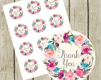 Thank You Tags Printable. 2" Round Tags. Instant Download. Floral Thank You Printable Stickers. Favors Tags Printable.