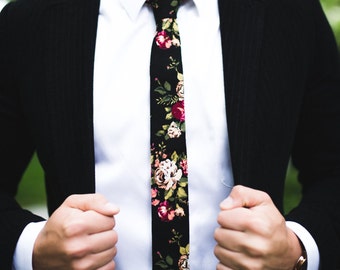 Black 1 Floral Skinny Tie 2" - floral ties, Floral skinny ties, prom, wedding , gift, Vintage, retro, gifts for him, anniversary, Groom