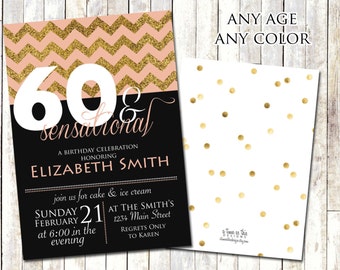 BIRTHDAY INVITATION, Gold Chevron, Peach & Gold